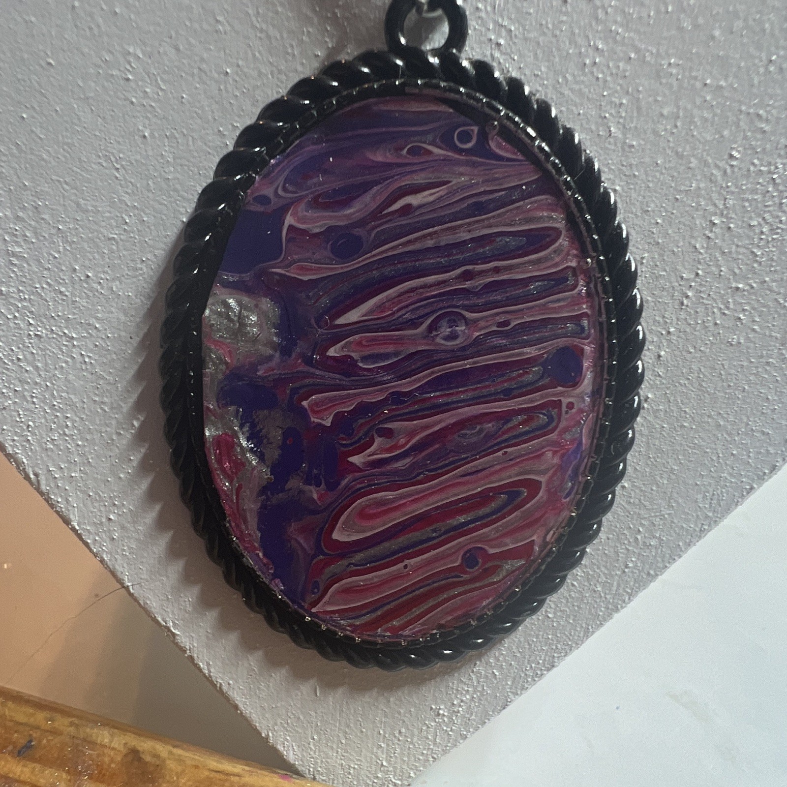 Black Cord Necklace Oval Resin Art Pendant Charm Black Purple Pink Swirl