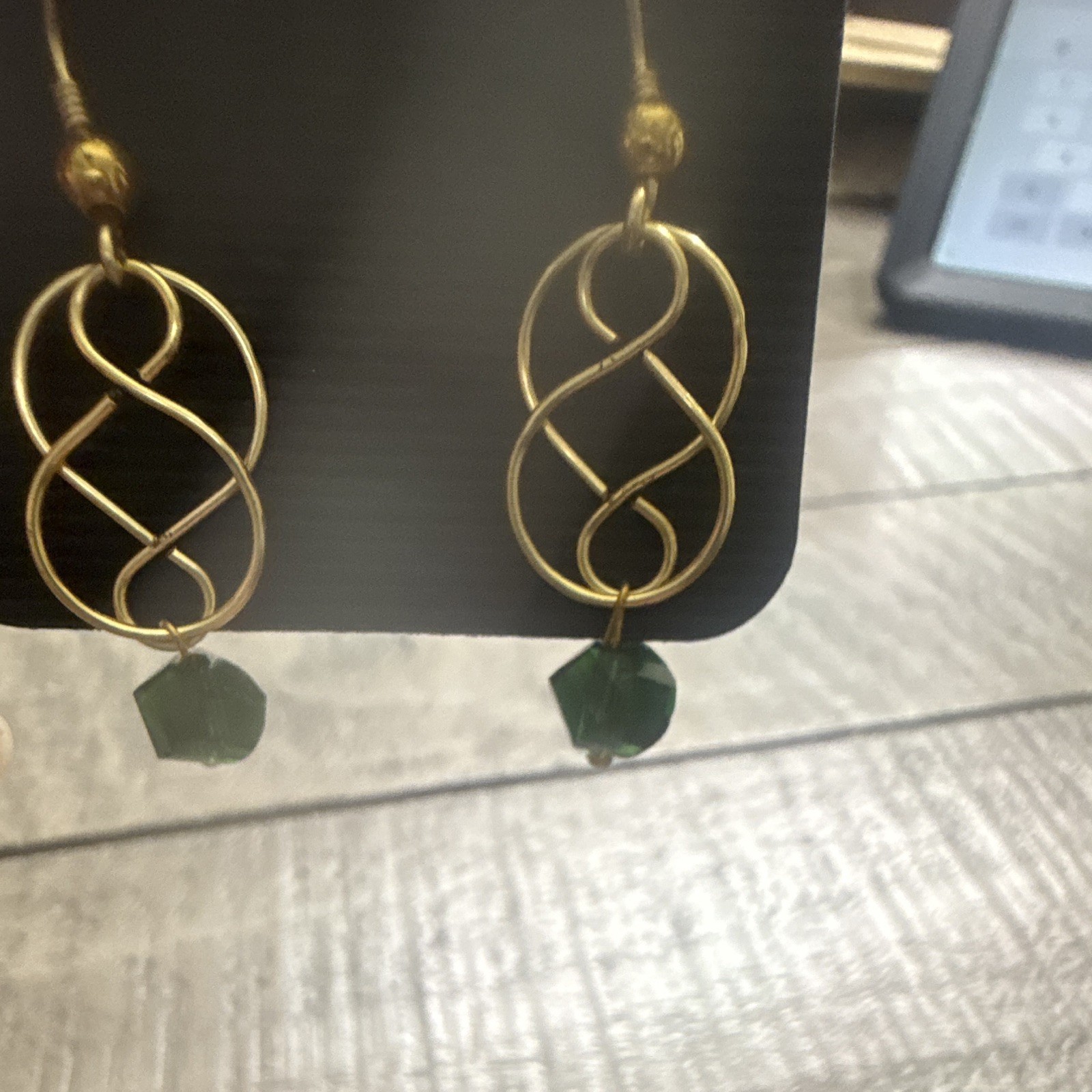 Gold Tone Metal Dangle Drop Hook Earrings with Green Oval Bead