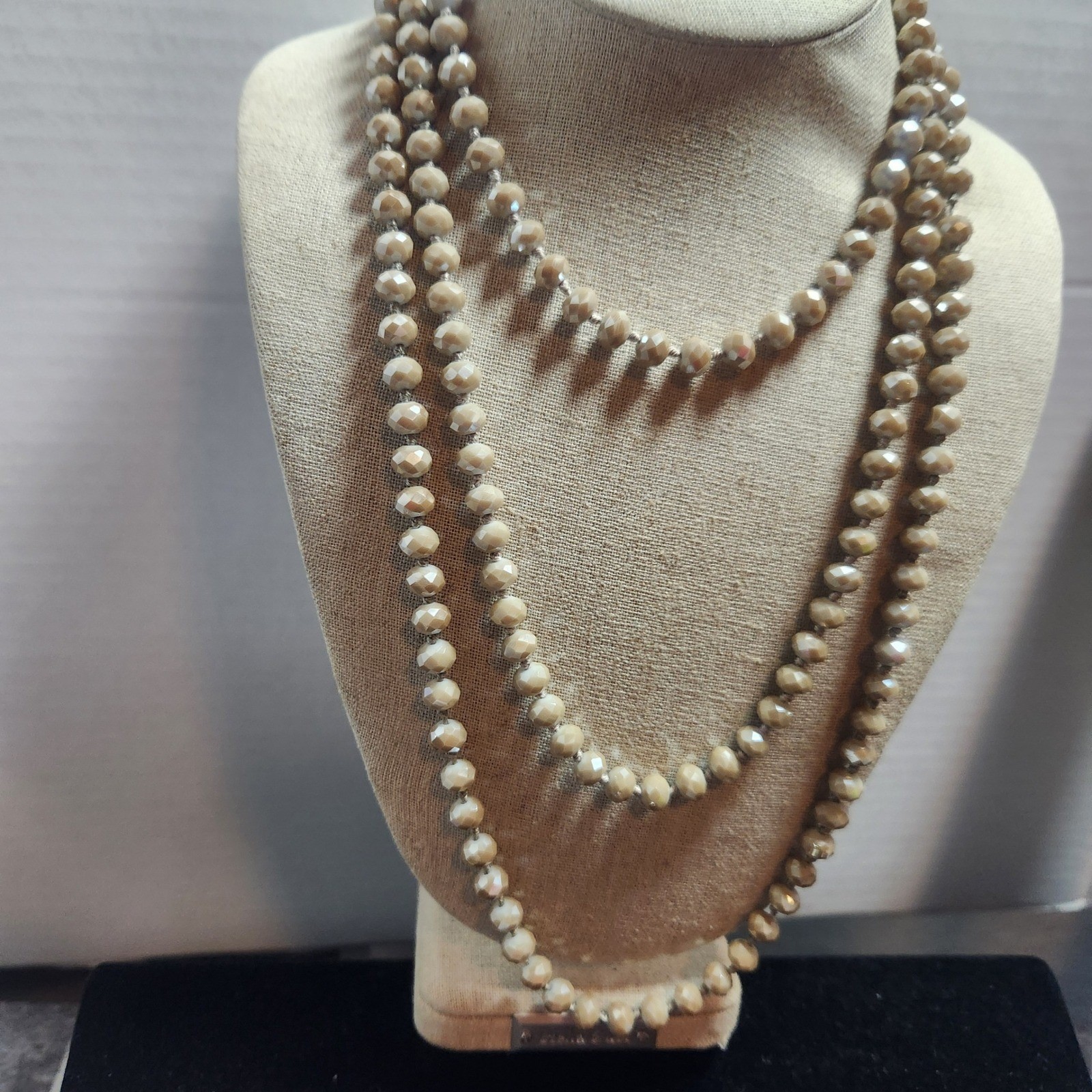 Champagne Iridescent Faceted Glass Bead Hand Knotted Long Rope Necklace 62 Inch