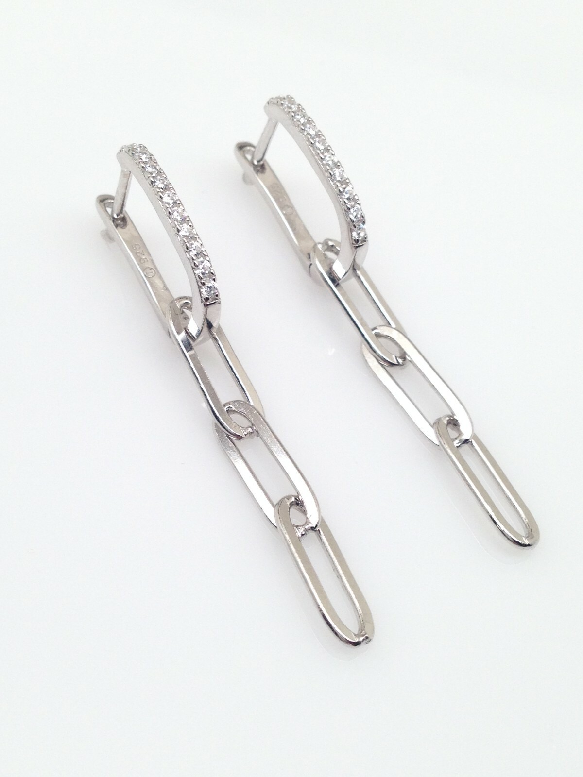 925 Sterling Silver Open Rectangle Paperclip Dangle Hoop Earrings CZ 45mm/1.77″