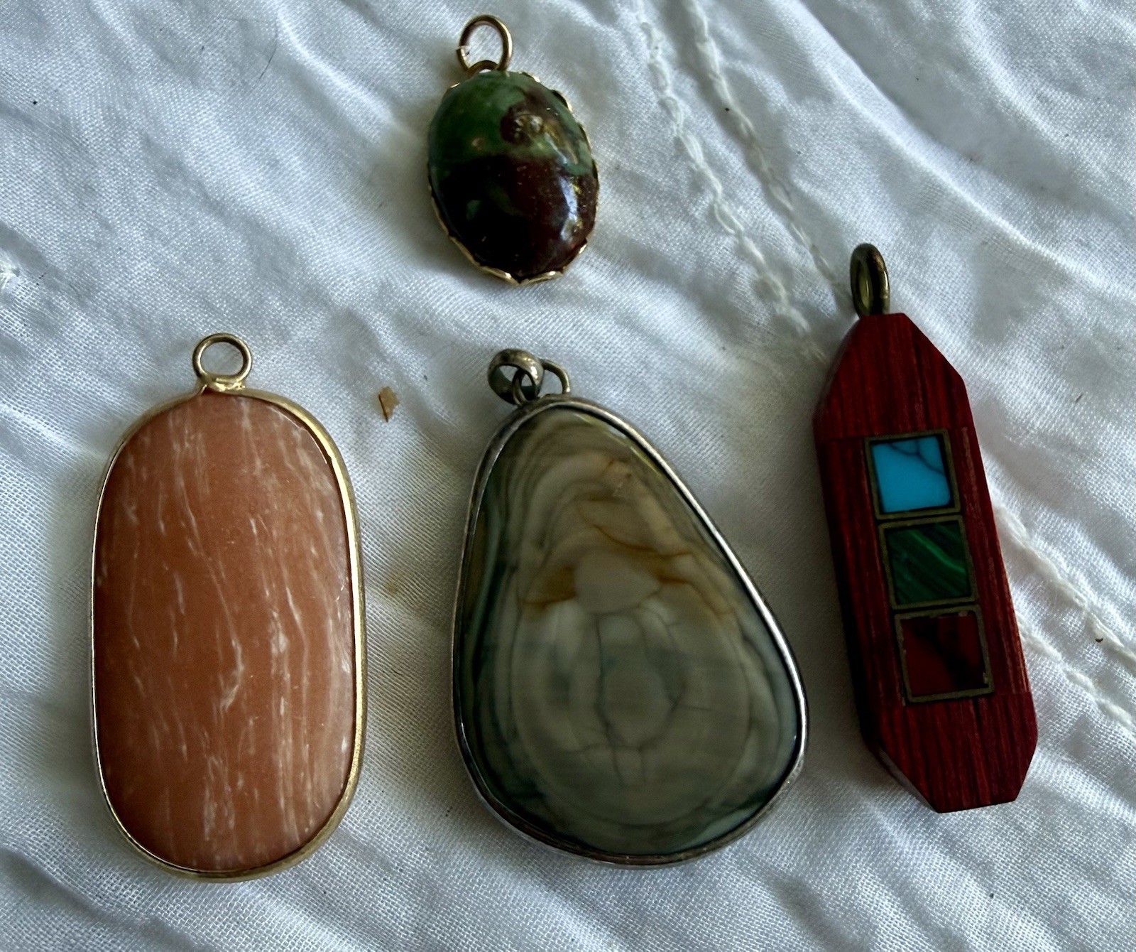 4 Natural Stone Pendants Wood Turquoise Inlay Spiny Oyster Chrysoprase Jasper