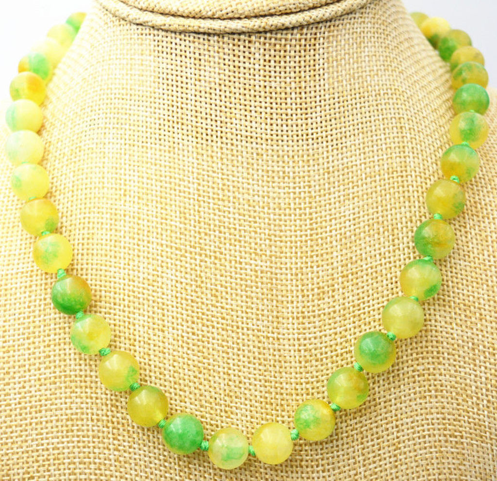 10mm Green Yellow Multicolor Jade Round Gemstone Beads Necklace 18”
