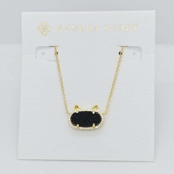 New Kendra Scott Elisa Gold Cat Kitty Pendant Necklace in Black Drusy