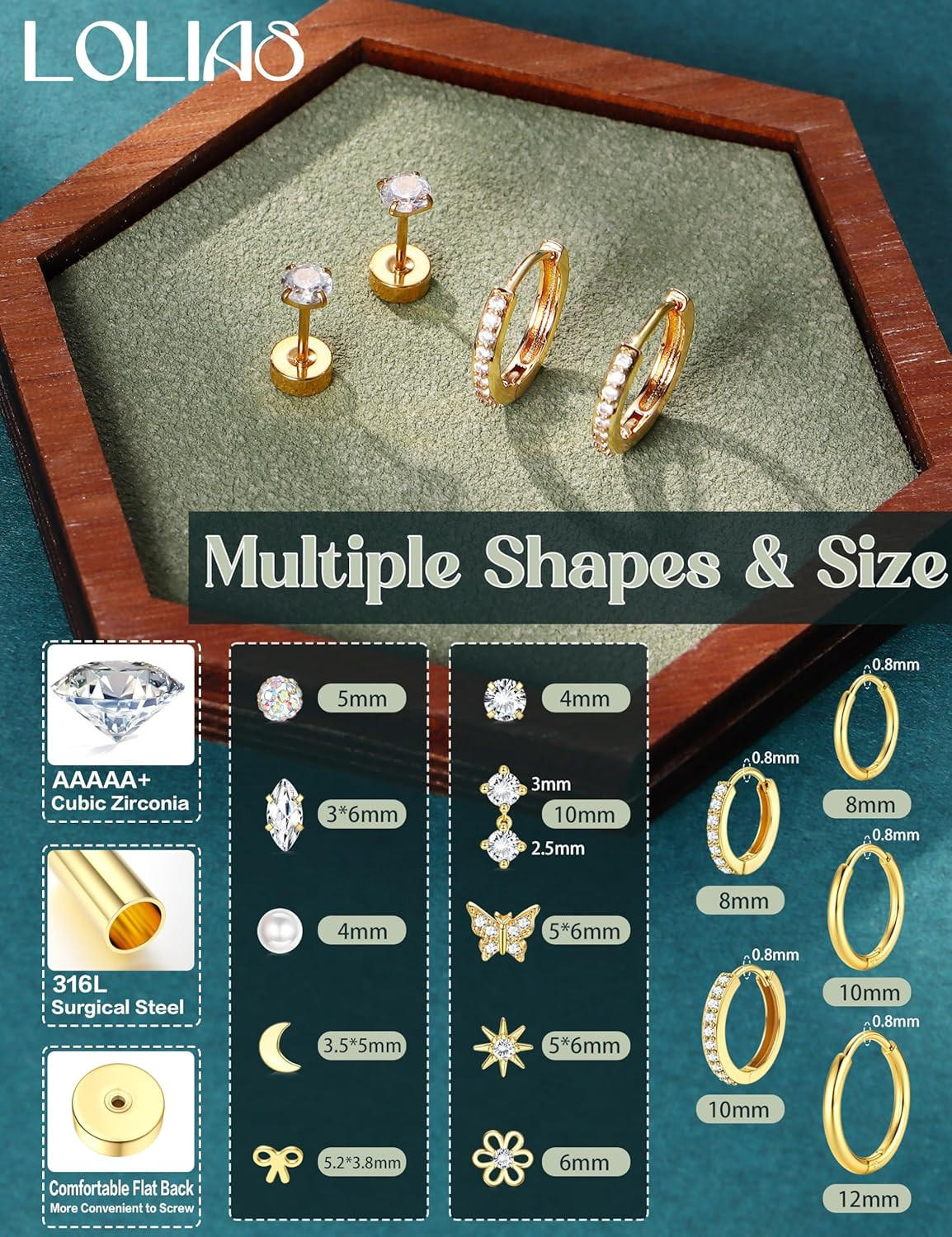 14K Gold Plated Flat Back Earrings – Hypoallergenic Surgical Stainless Steel Stu