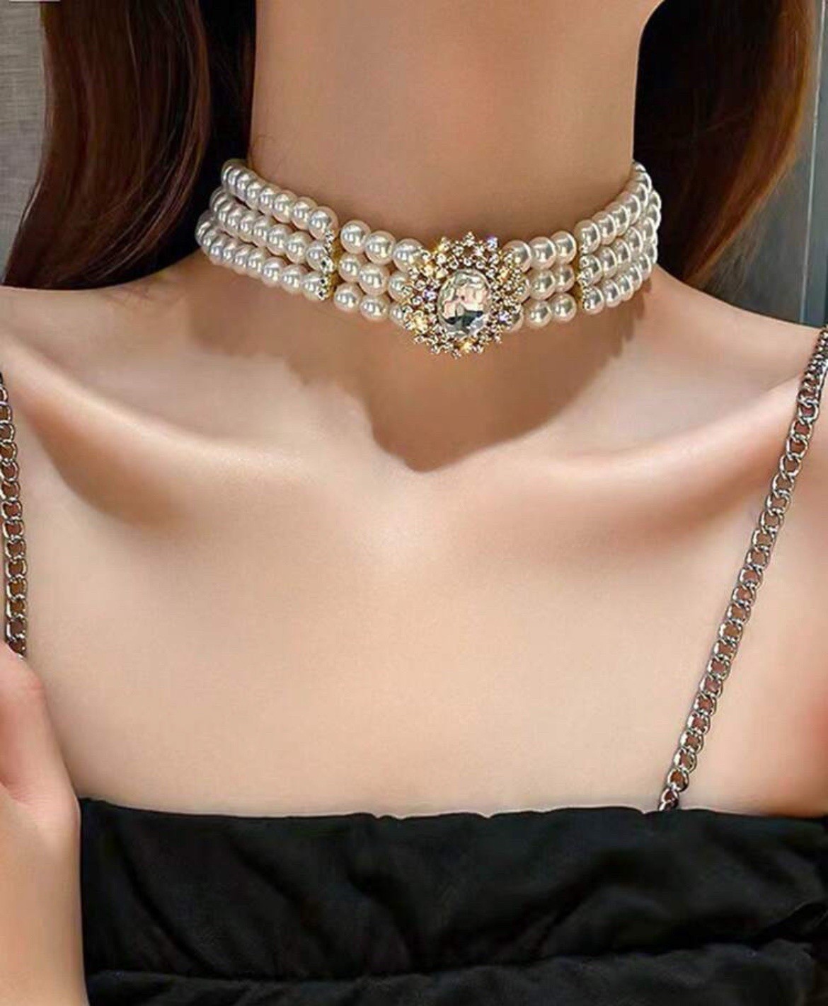 White Pearl Choker Necklace Tie Knot Three Layered Twisted Bib Collar Statement