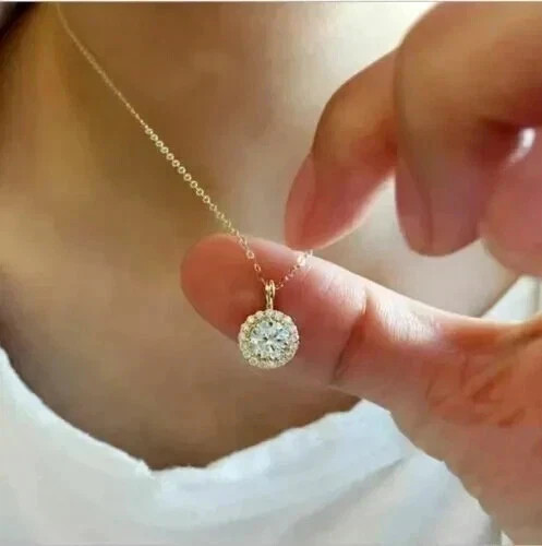 14k Yellow Gold Plated In 2Ct Round Cut Simulated Diamond Women’s Halo Pendant