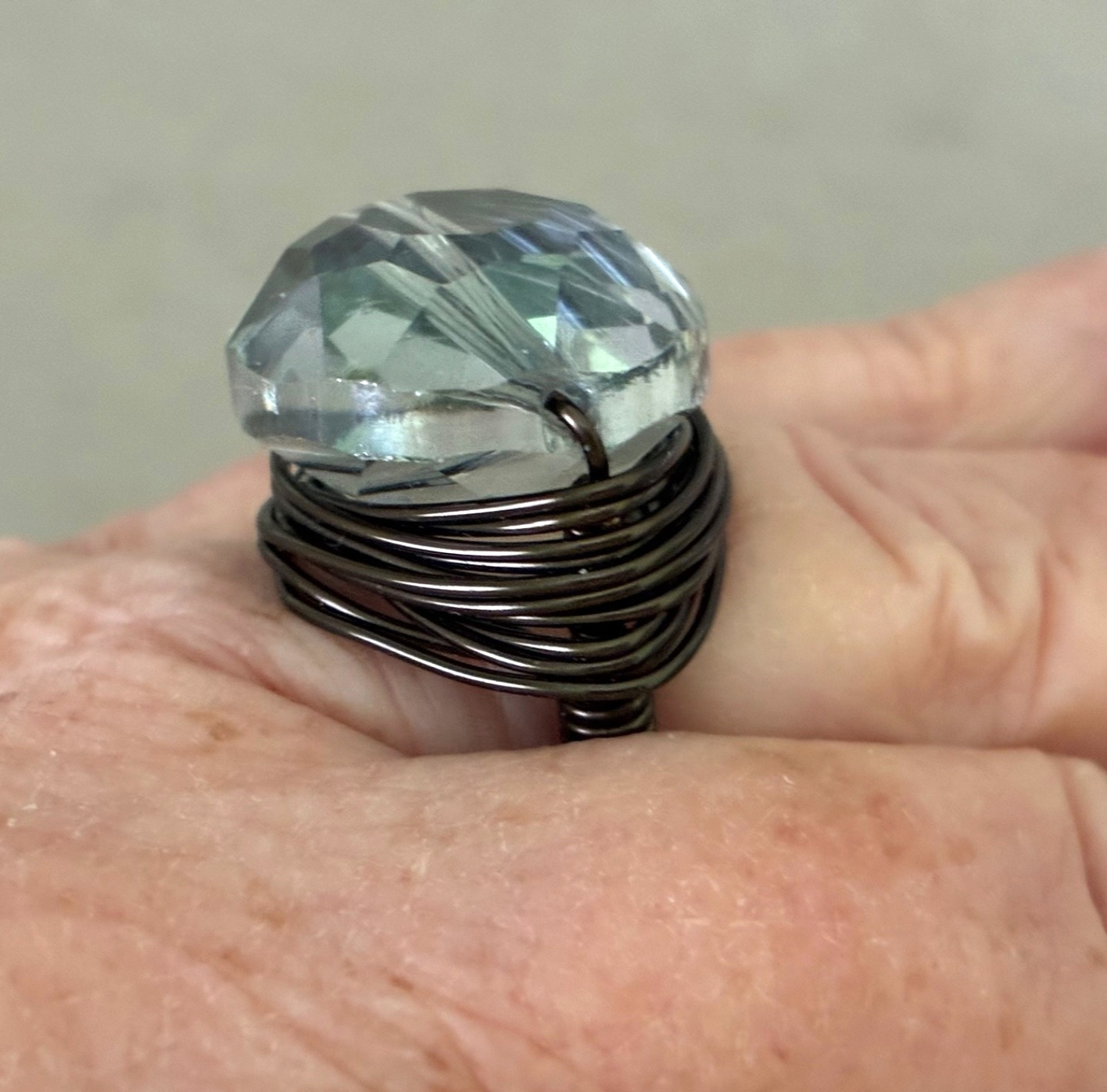 Artisan Smoky Grey Oval Faceted Glass Bead & Wrapped Bronze Wire Ring ~ Size 7-8