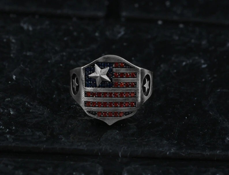 Ring USA Flag American 925 Sterling Silver Blue Red Patriotic Mens Ring