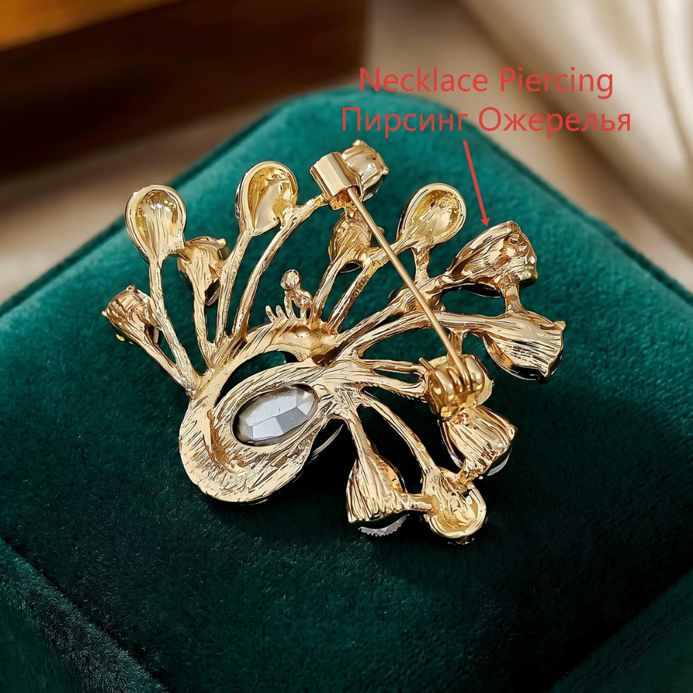 Green Crystal Peacock Brooch Pin Gold Tone Rhinestone Bird Statement JewelryGift