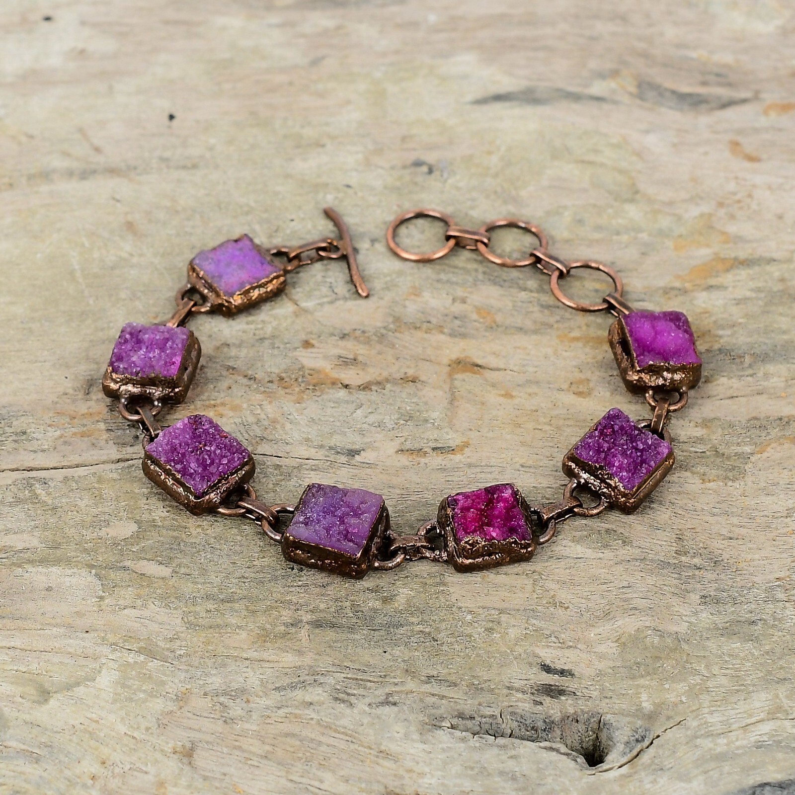 Gift For Her Pink Druzy Electroformed Chain Adjustable Bracelet Copper 6.0″