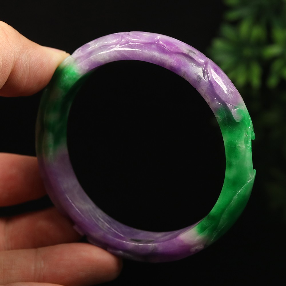 59mm Lavender Purple Green Jadeite Jade Bangle Bracelet Ruyi Rabbit A-14567