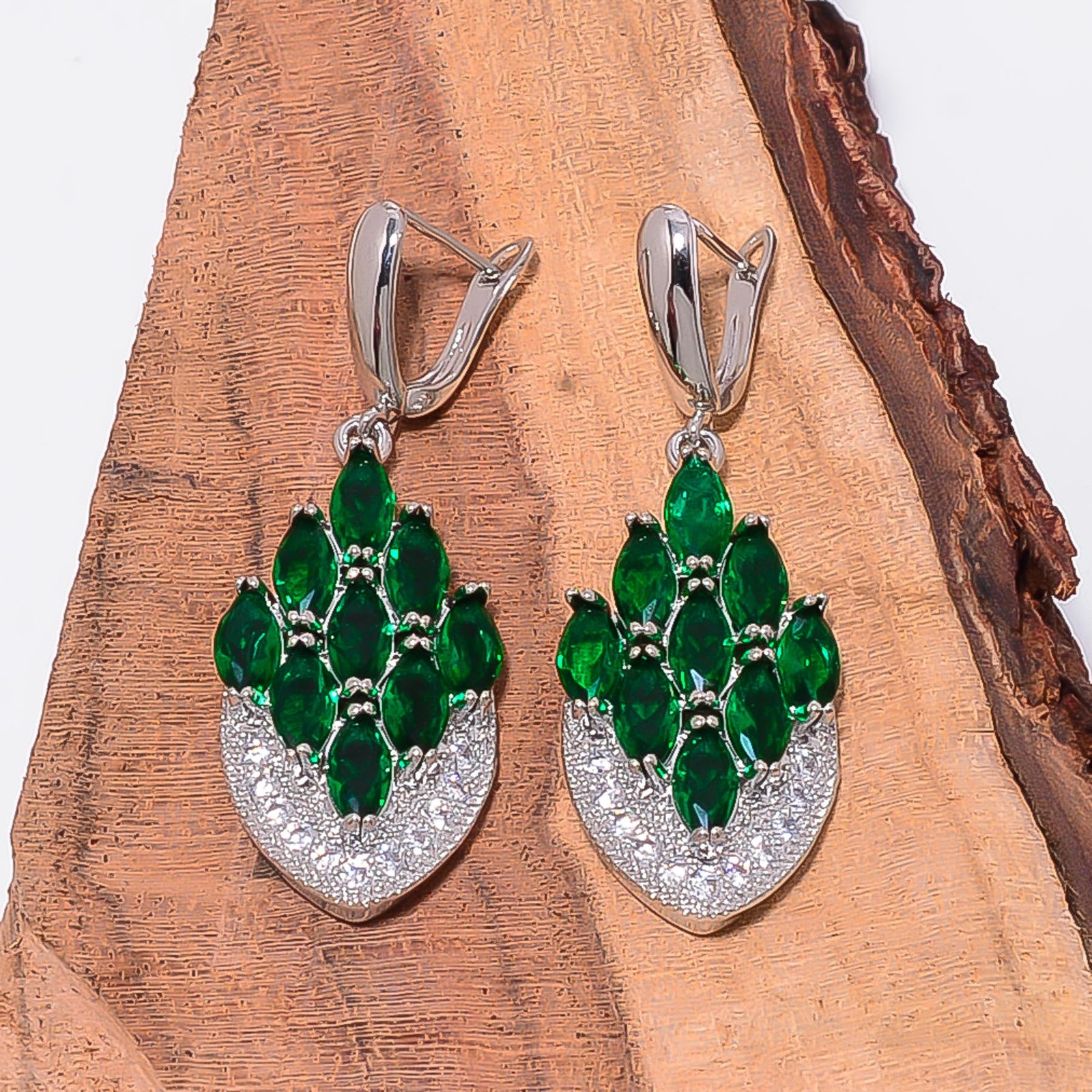 Tsavorite & Cubic Zirconia 925 Silver Platinum Plated Earring 1.90″ E11574153517
