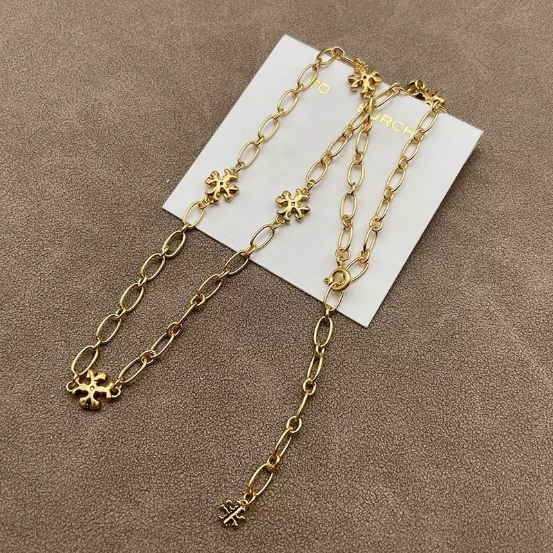 New Burch Roxanne Chain Logo Necklace GOLD with Jewelry Pouch 44+11cm