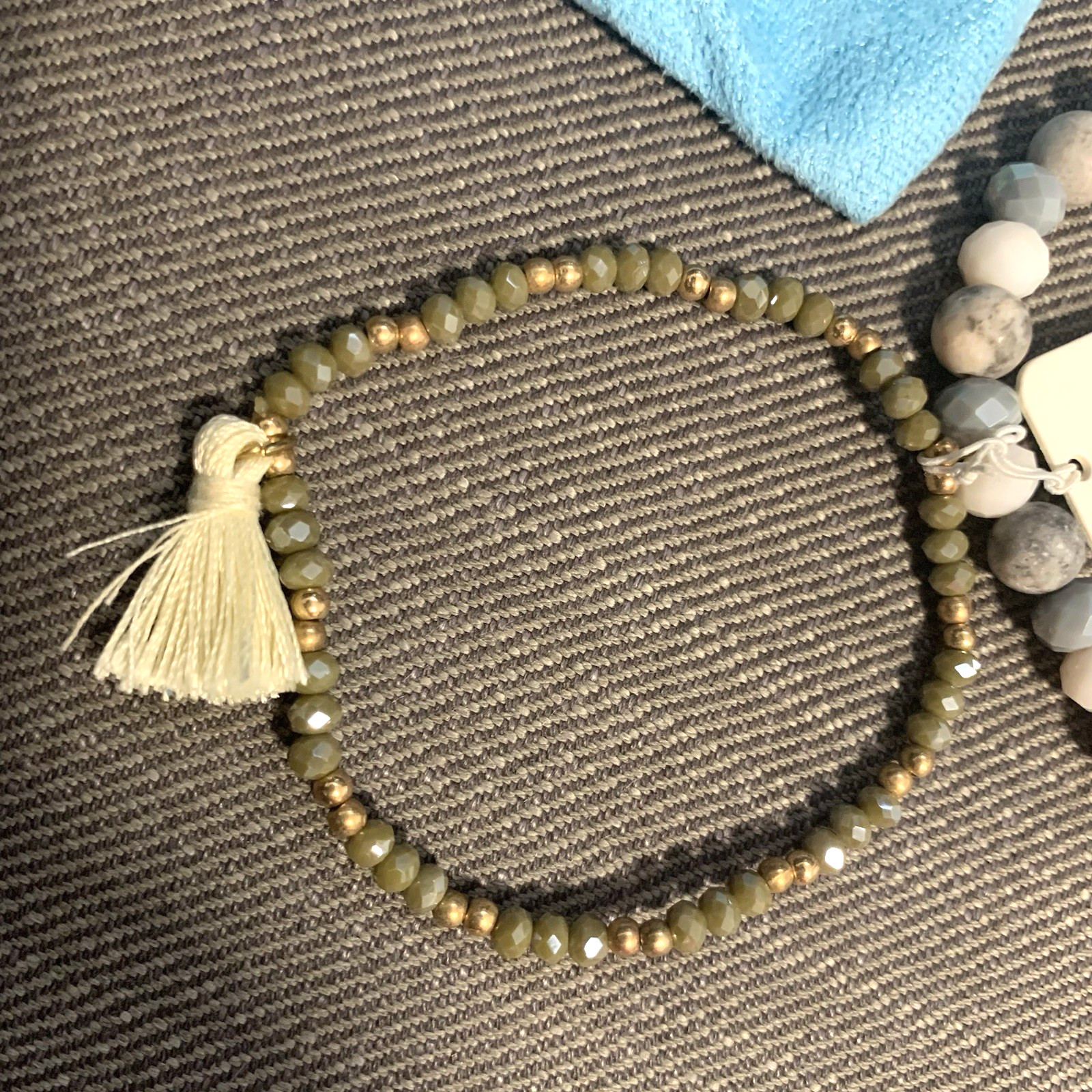 Gemelli Bracelet Set Stretch Stone Beaded Slip-On Cream Tassel Jade Green/Multi