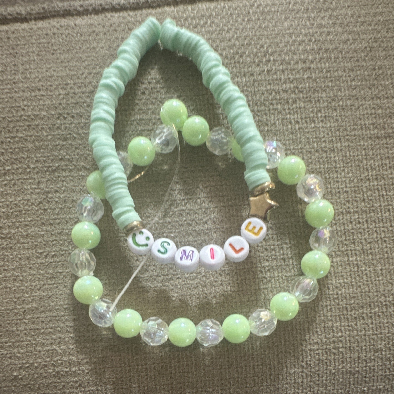 Set of 2 Beaded Stretch Stackable Bracelets Green & Clear SMILE Letter Beads