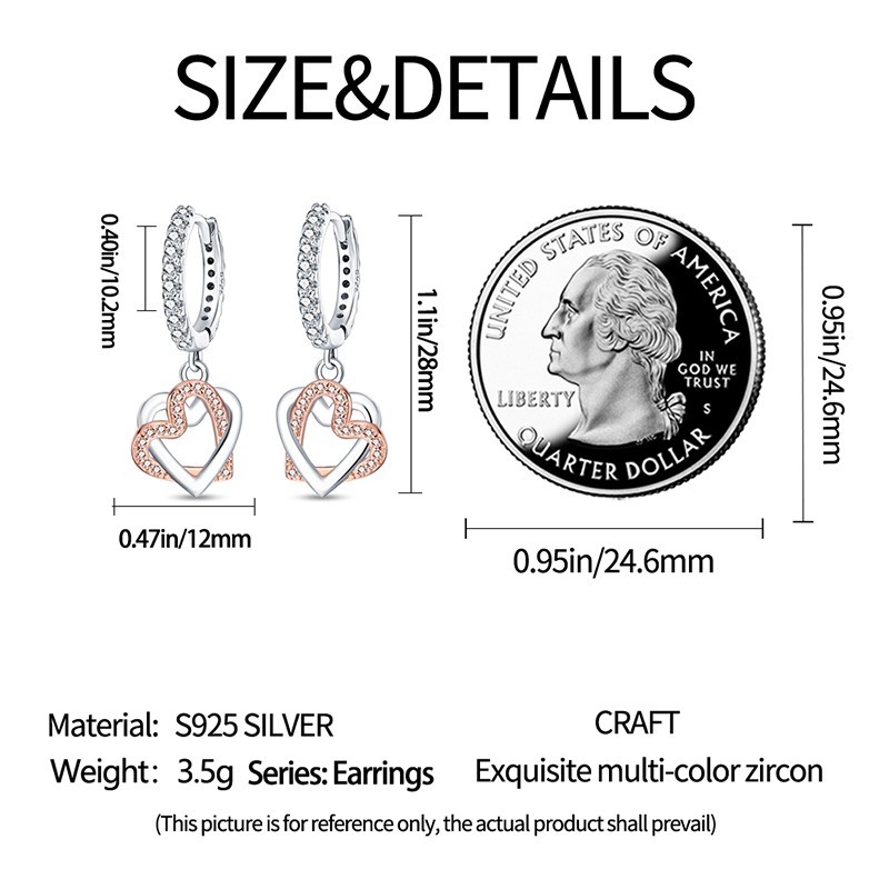 PANDACH 925 Sterling Silver Heart-to-Heart Drop Earrings For Women Jewelry Gifts