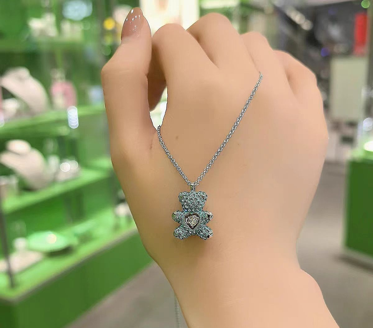 Swarovski Teddy Zircon Pendant Blue Teddy Bear Necklace Heart-Shaped Crystal