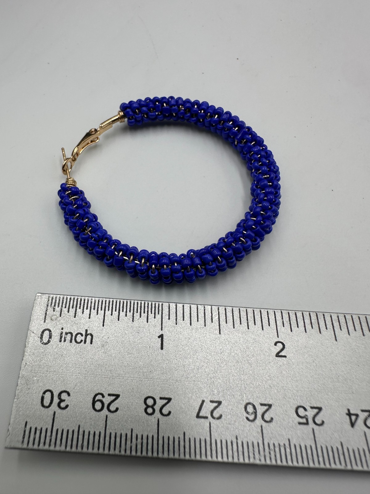 Blue Beaded Hoop Earrings Gold Tone Seed Beads Wire Wrapped Chunky Statement