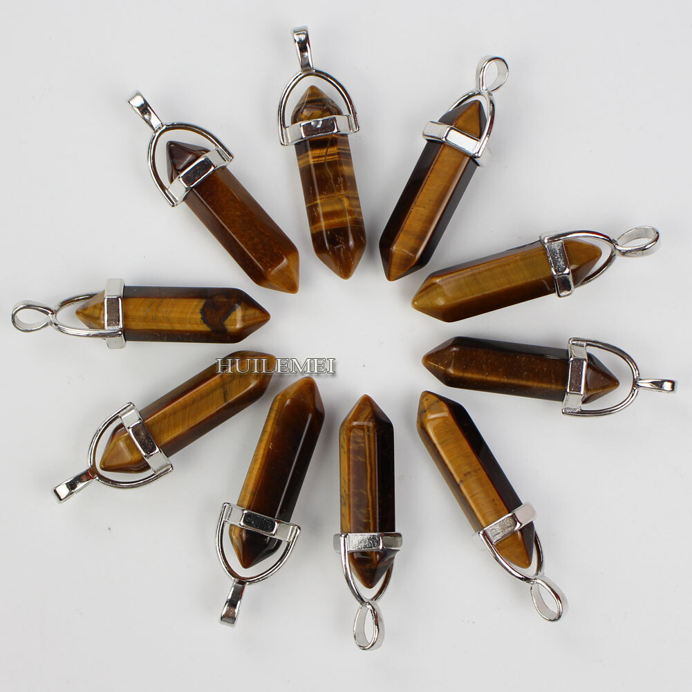 10pcs Natural Tiger’s Eye Stone Hexagonal Pointed Reiki Chakra Pendant Bead