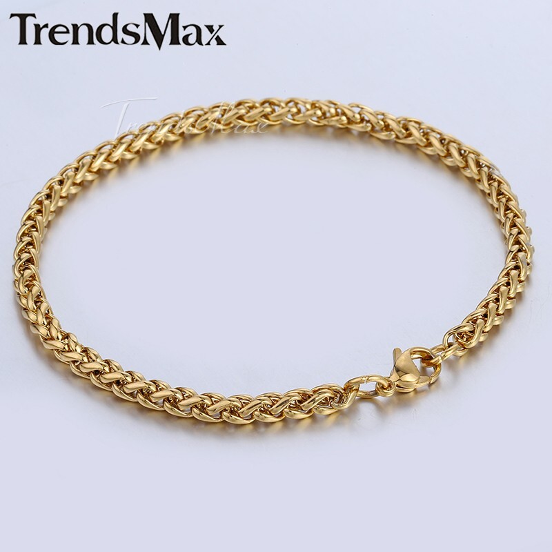 3.5mm 7″ Men Women Chain Gold Plated Stainless Steel Braided Wheat Link Bracelet