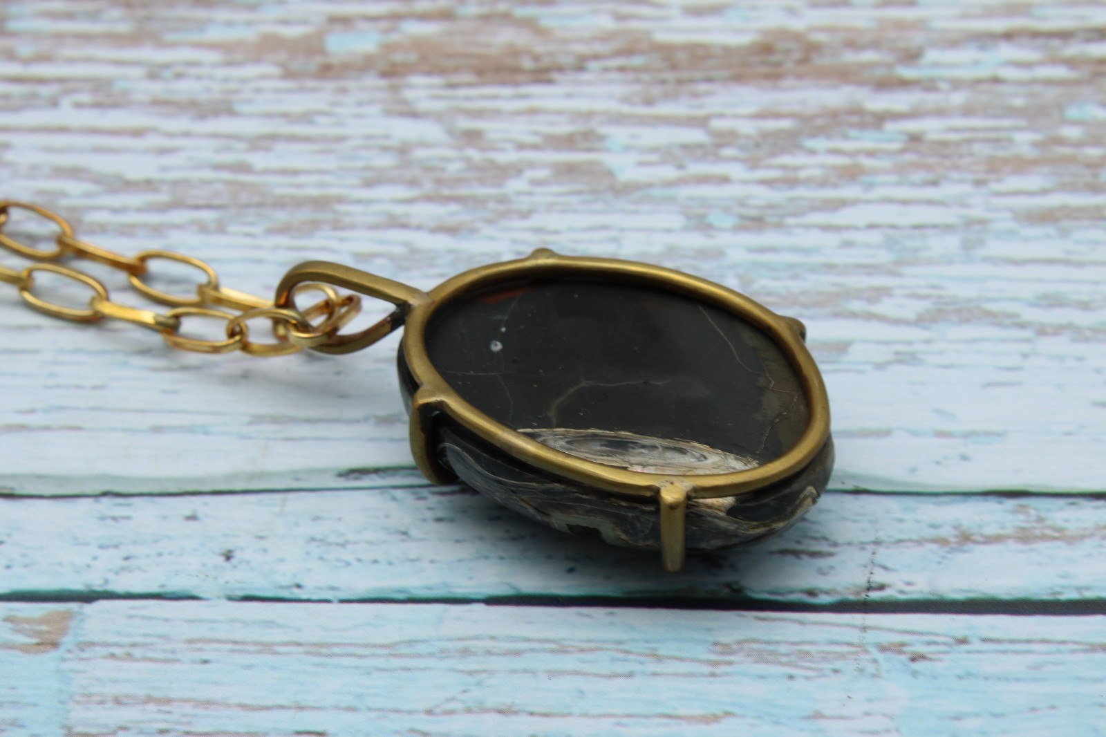 Pyritized Ammonite Necklace Brass Pendant 32″ Chain Large Fossil