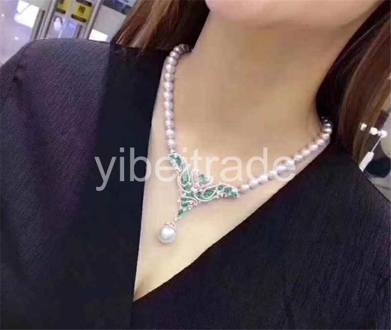 freshwater pearl white near round 10-11mm and green flower crystal 18inch