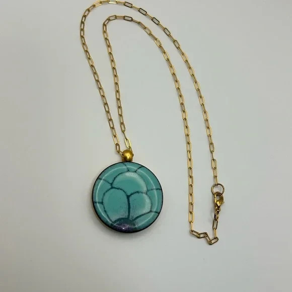 LeighElena Artisan Magnetic Pendant Necklace Oval Link Turquoise & Gold Tone