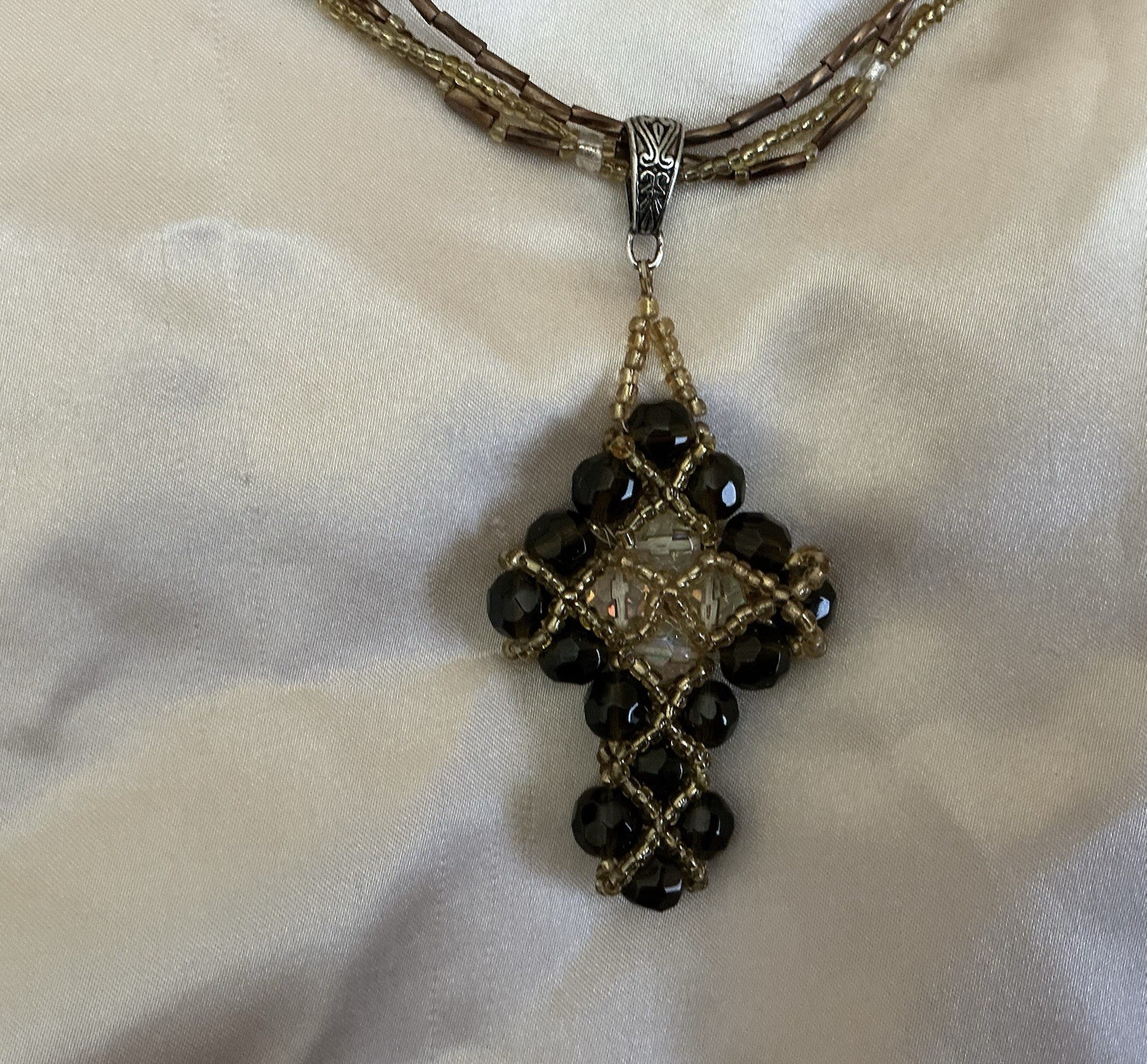 Gold Tone Beaded Necklace Cross Pendant Black Beads Clear Crystal Lobster