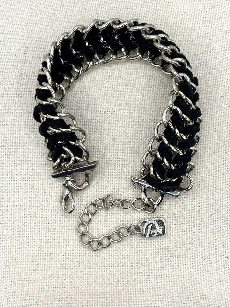 You And I Black Suede Silver Tone Weaved Chainmail Bracelet 9 Inch