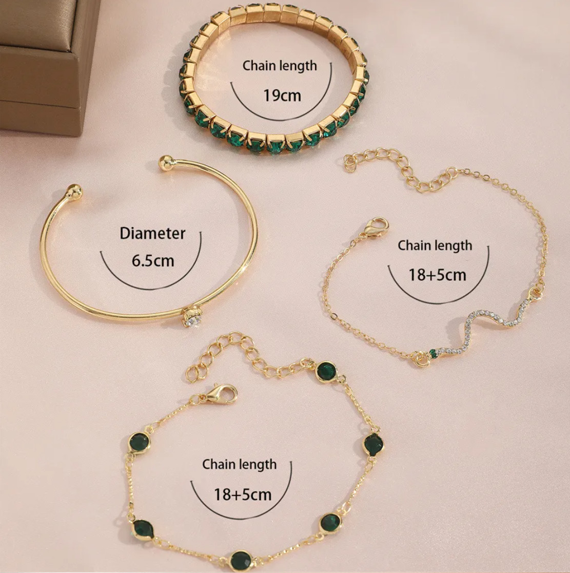 4Pcs Green Crystal Bracelet Set Women Gold Chain Stretch Bangle Jewelry Gift