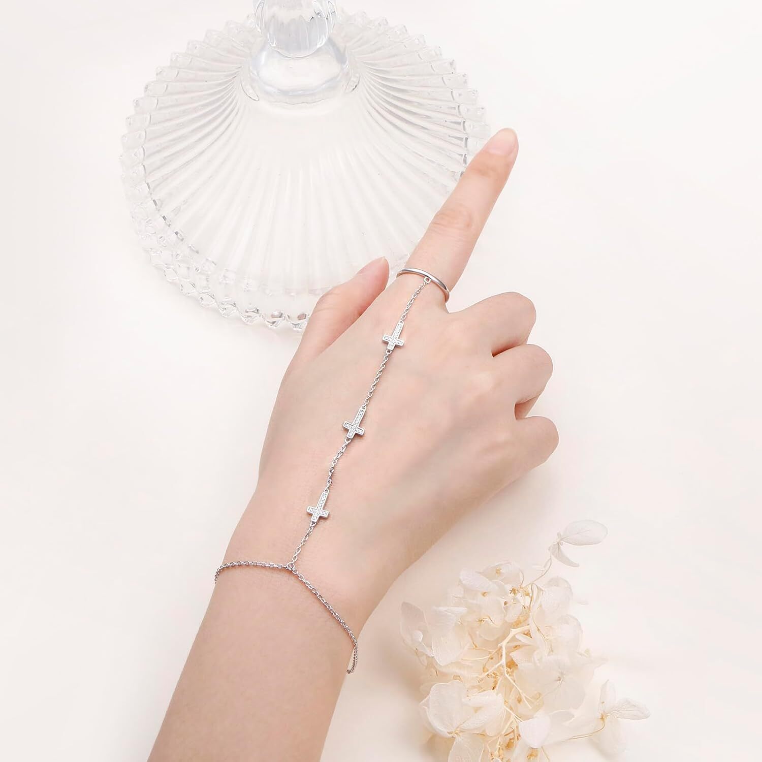 925 Sterling Silver Cross Finger Ring Bracelet Hand Harness Chain Set for Women