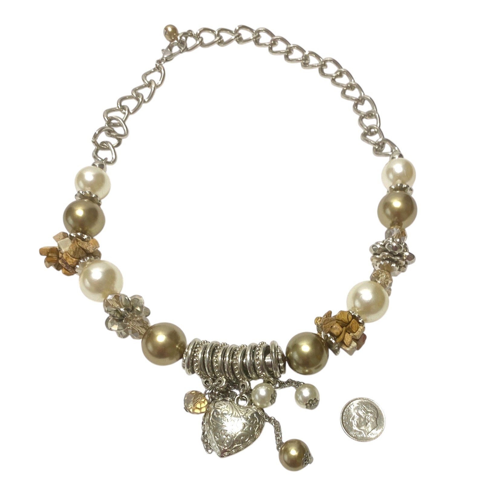 Chunky Charm Statement Necklace Puffy Heart Crystal Simulated Pearl Collar Chain