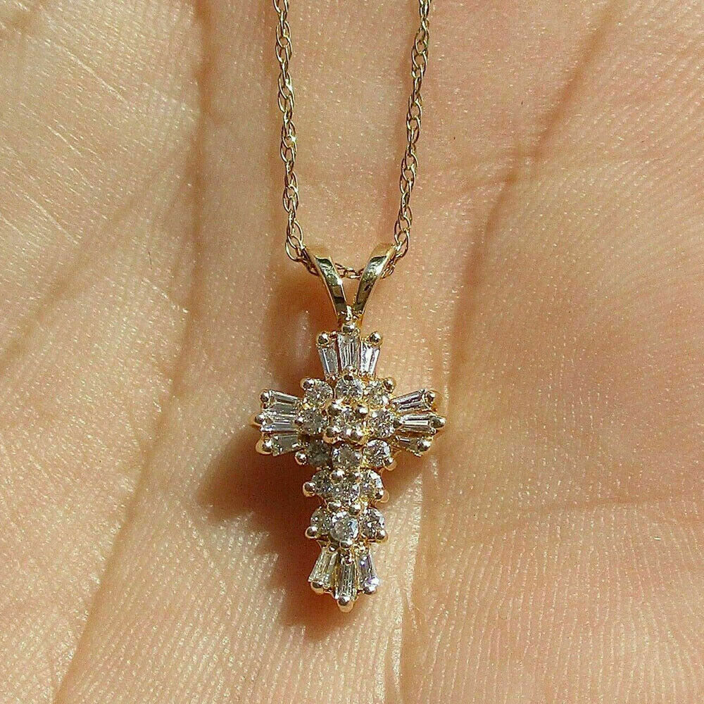 1.Ct Simulated Diamond Cross Pendant Necklace 14k Yellow Gold Plated Silver