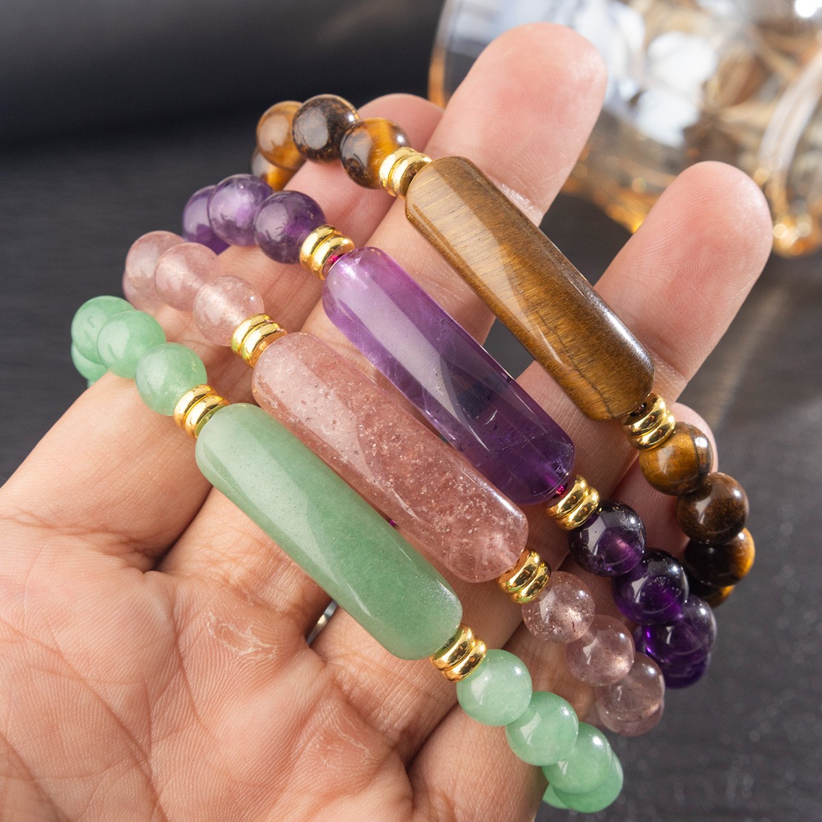 Dongling Jade Tiger’s Eye Amethyst White Quartz Strawberry Quartz Gems Bracelet