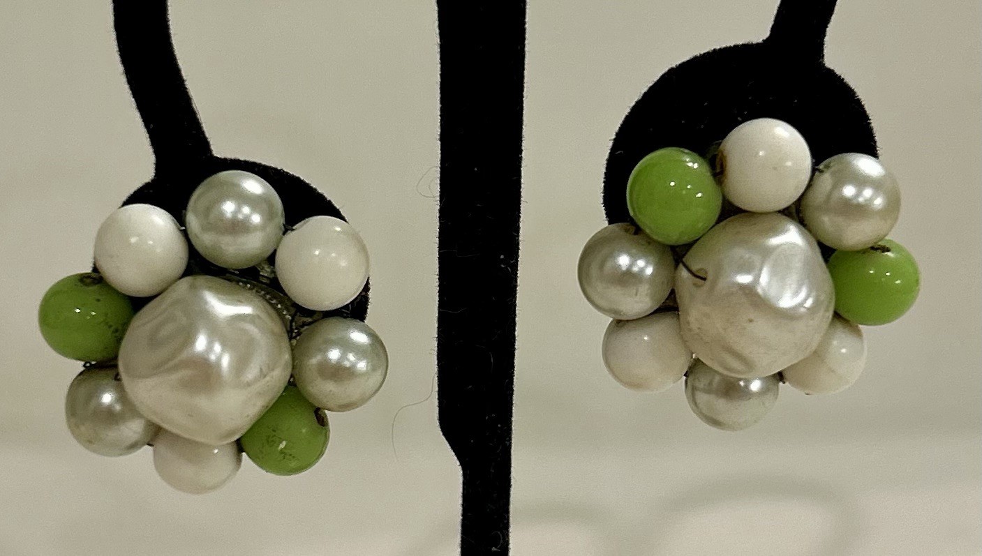 Nine Soft Jade & White Beaded Cluster Clip On Earrings
