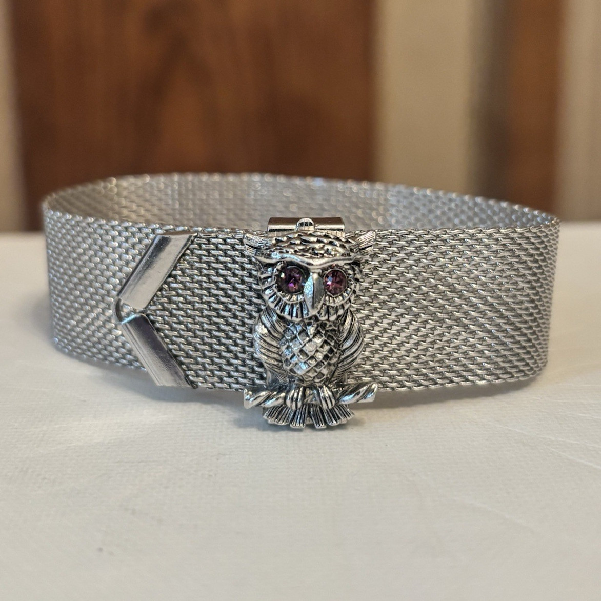 Sarah Coventry Signed Silver Mesh Slide Bracelet Owl Dangle Charm Purple Eyes