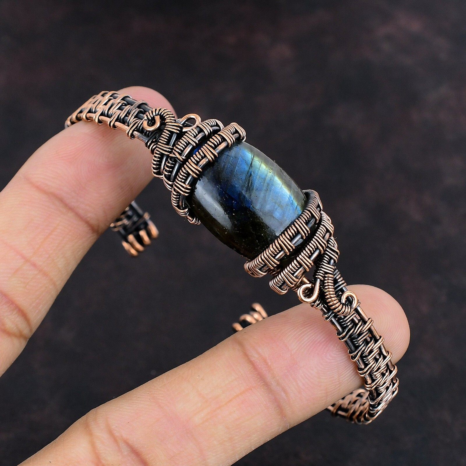 Gift For Her Natural Labradorite Bangle Wire Wrapped Adjustable Unknown Copper