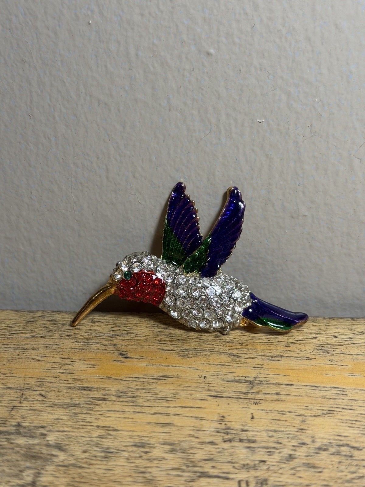 Hummingbird Bird Brooch Pin Rhinestone Enamel Gold Tone Red Green Purple 3in