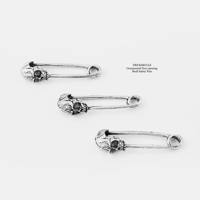 (3) Skull Head Non-Opening Retro Silver Safety Pins Ornaments Charms DIY Crafts