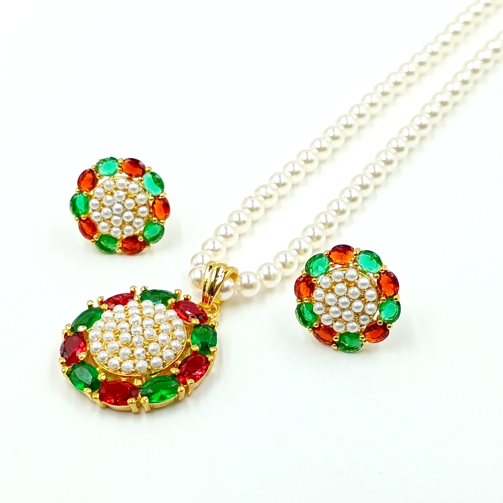 Ruby Emerald Pearl Pendant Studs 22k Gold Plated South Indian Wedding Bridal