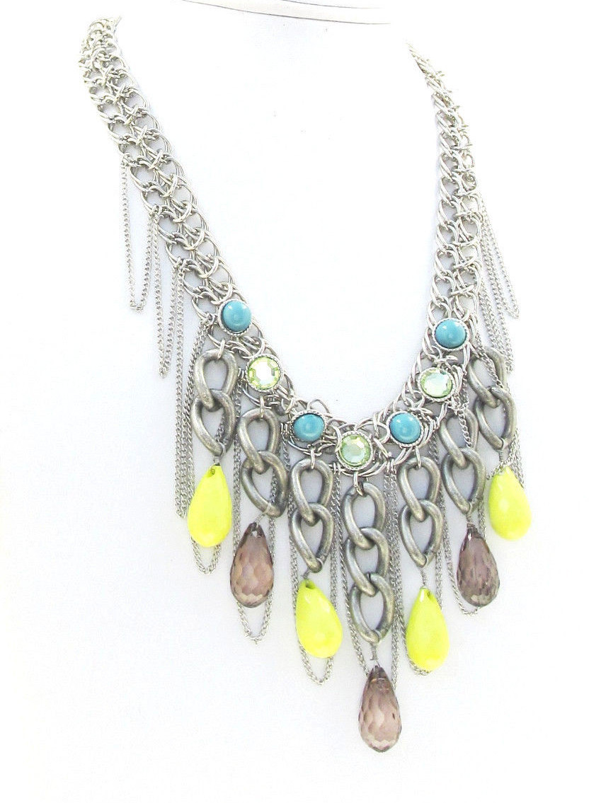 Jessica Simpson Blue Yellow & Smoky Bead Fringe Chain 18″ Necklace NWT