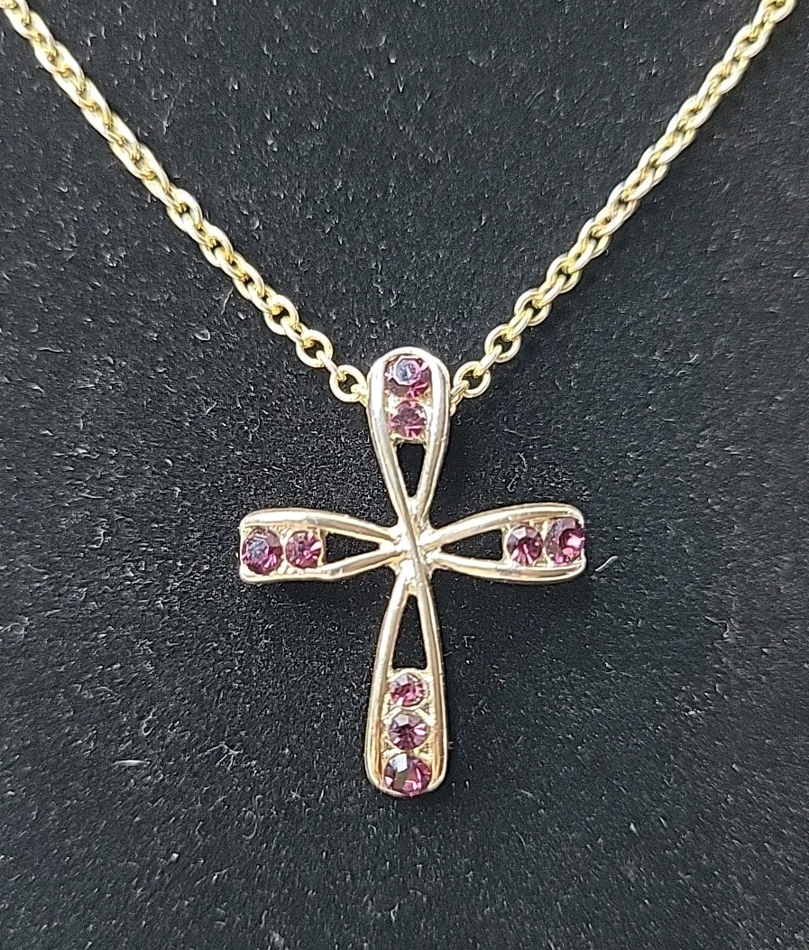 Cross Necklace Garnet Colored Stones Gold Tone Approx 16″ w/2″ Extender 1″ Cross