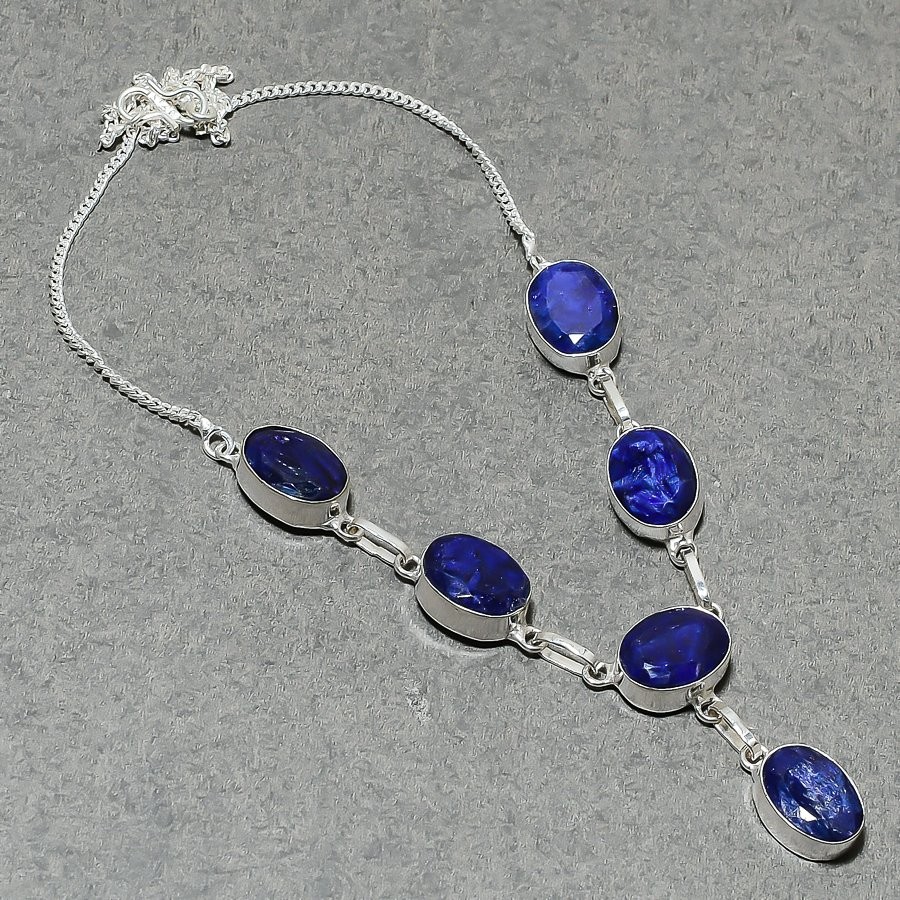 Blue Sapphire Oval Shape Gemstone Necklace Adjustable Chain Handmade Jewelry 18″