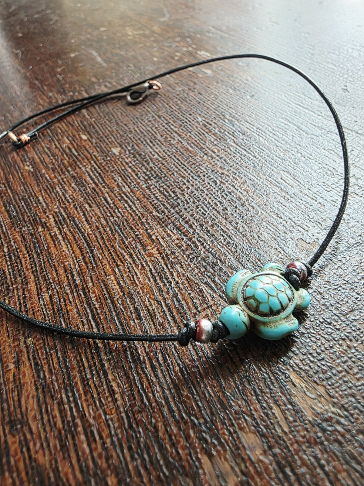 Sea Turtle Choker Necklace Leather Glass Copper Boho Beach Summer Handmade