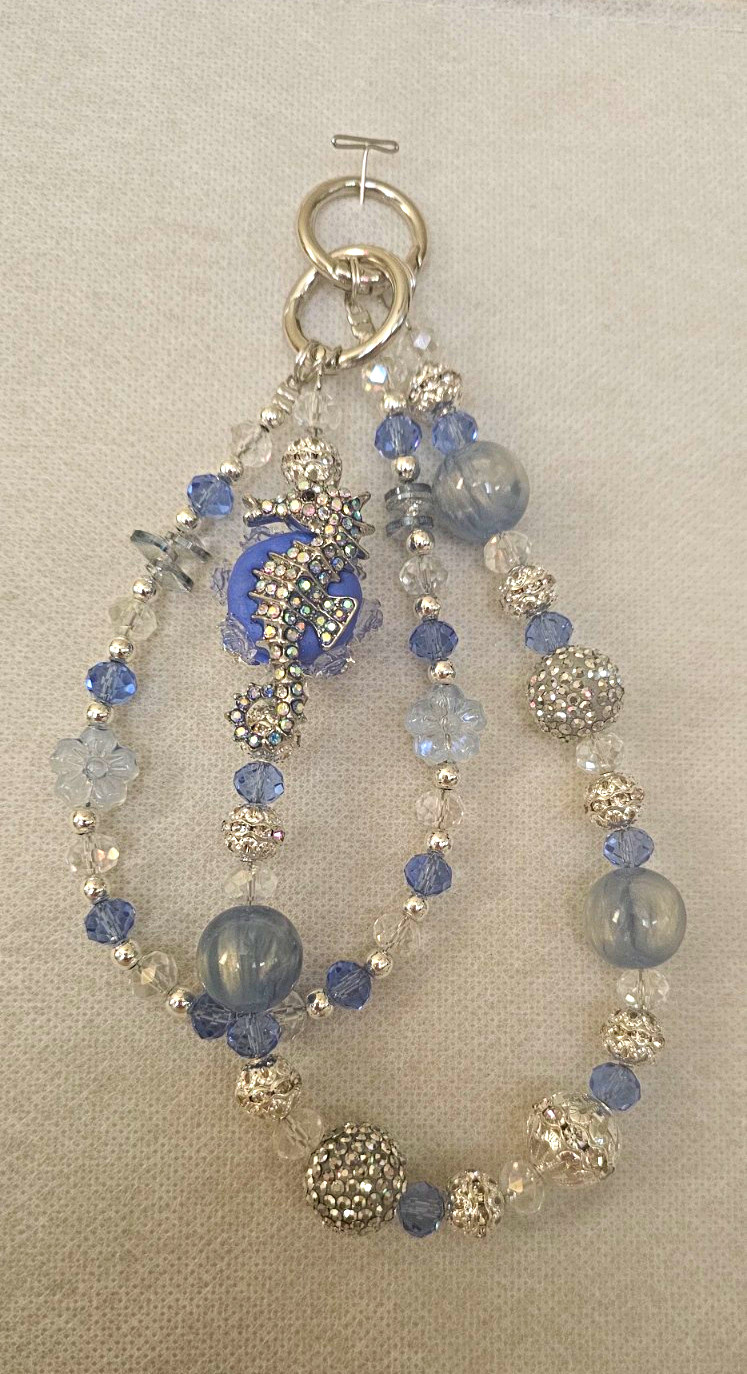 Blue Crystal & Glass Round Beaded Charm Bracelet Seahorse