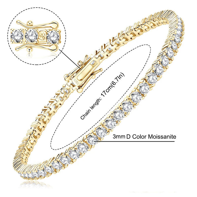 925 Sterling Silver Moissanite Tennis Bracelet Round Cut 3MM 5MM Polished Chain