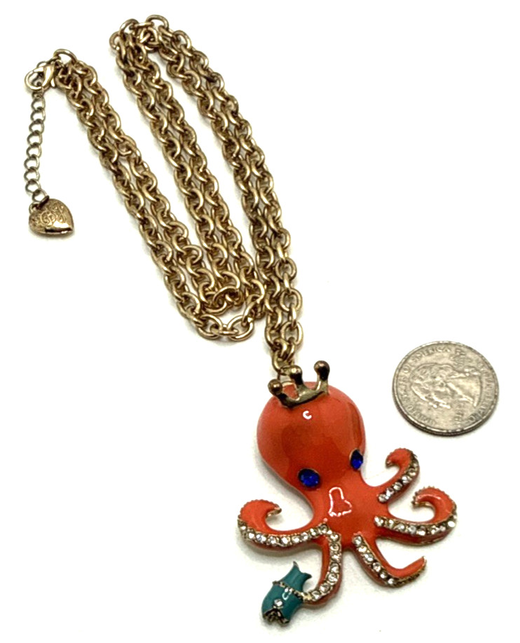 BETSEY JOHNSON Orange Enamel Octopus Pendant Necklace Blue Fish Clear Crystals