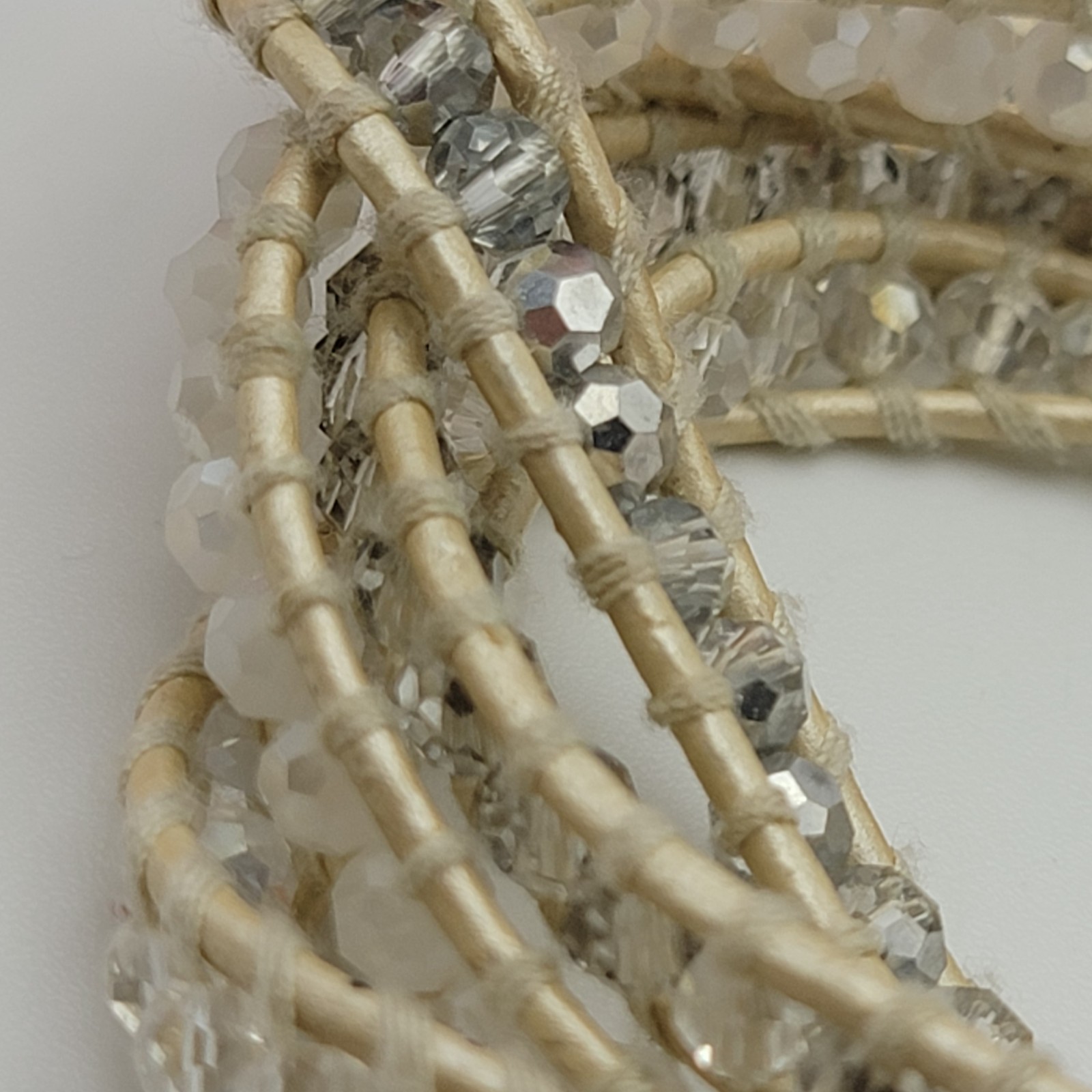 Victoria Emerson White Crystal Wrap Bracelet, Beige Leather Cord, 34″ Toggle