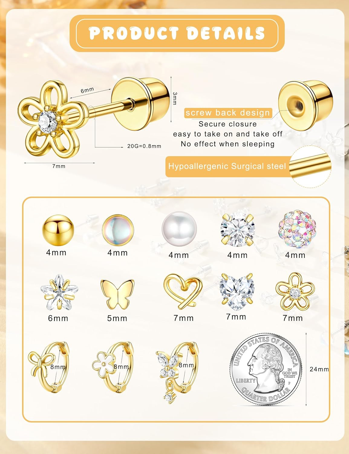 Hypoallergenic Surgical Stainless Steel Earrings for Girls Kids Jewelry – Screw