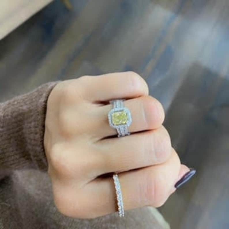 Fancy Yellow 3 Rows Shank Diamond Ring Radiant Cut CZ Diamond Engagement Ring